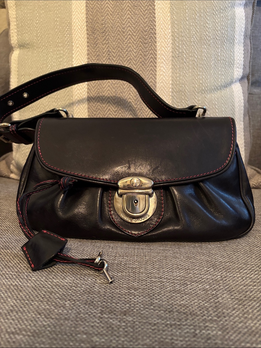 Marc Jacobs Black Leather Shoulder Bag with Red Topstitching and Silver hardware